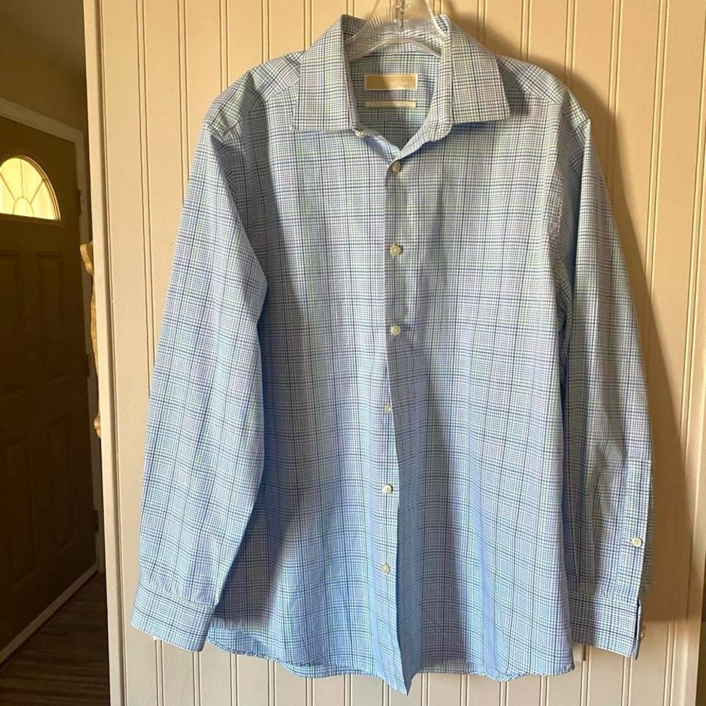 Michael Kors Shirt Men's 16.5 32/33 Blue Green Plaid Button Down Long Sleeve